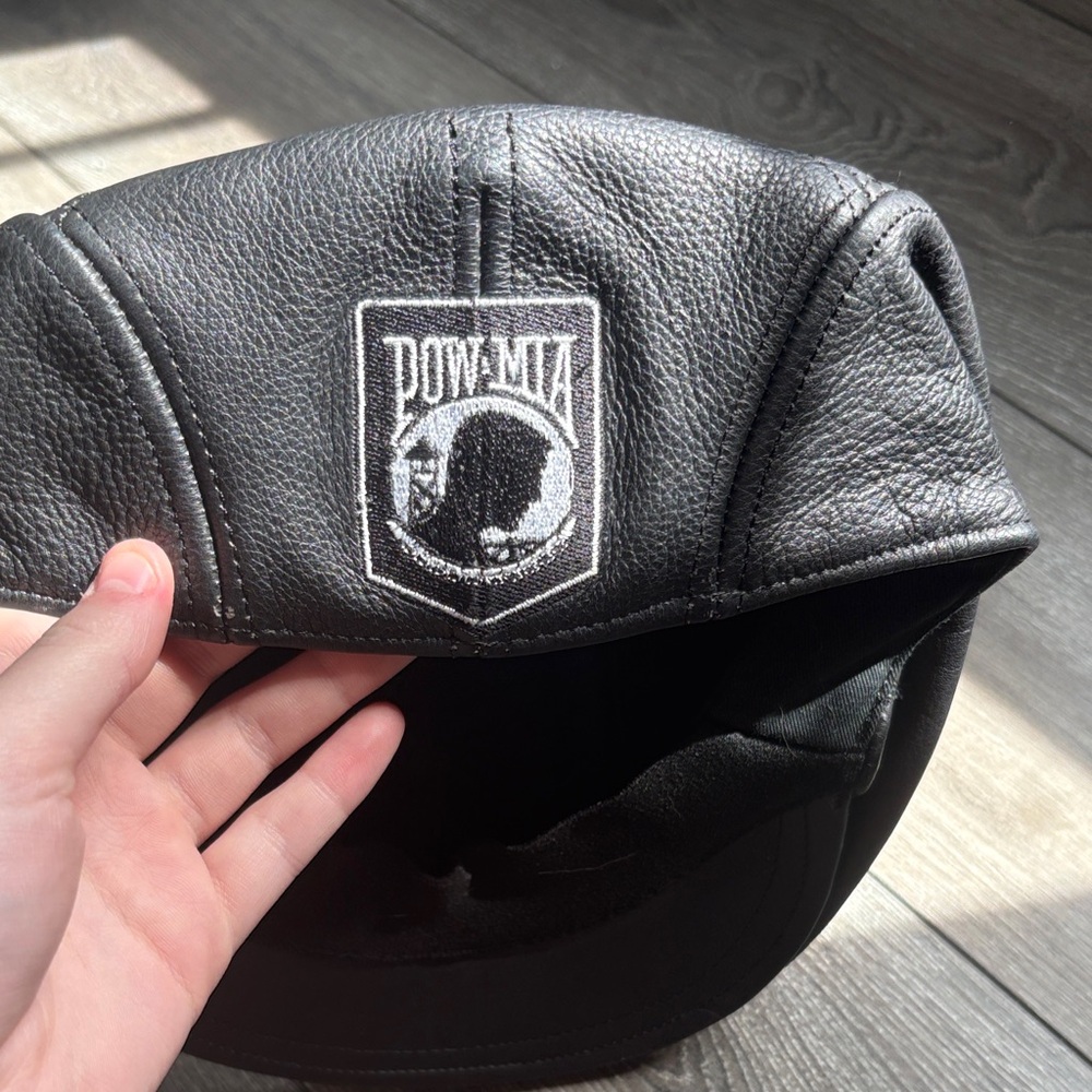 Vintage Black Leather Patch Hat - Military Tribute Cap